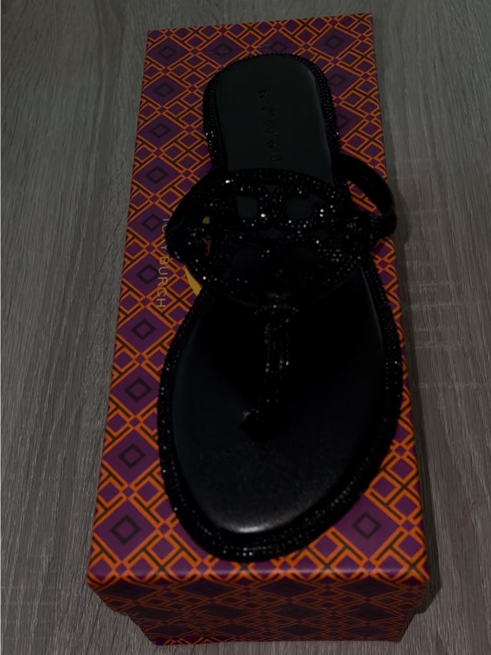 Tory Burch Black Jeweled Logo Thong Sandals